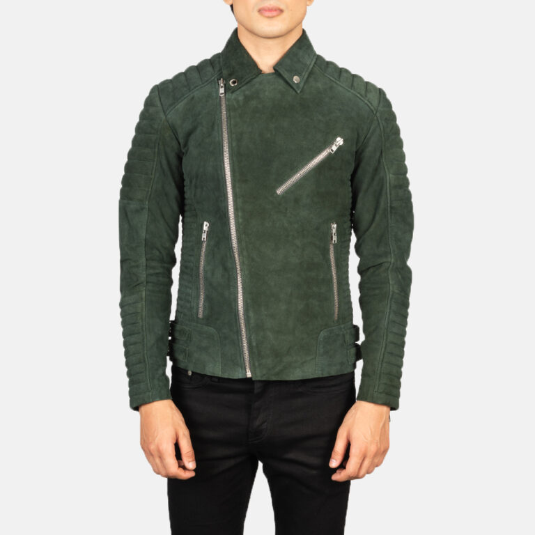 Mens Armand Green Suede Biker Jacket Close Front-5-1634126733955